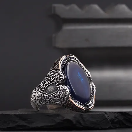 Blue Fire Amber Stone-set Toprak Motif Engraving Patterned Silver Ring