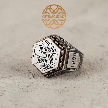 Engraved Hexagon Hattat Silver Ring