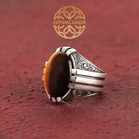Tiger's Eye Stone-set Engraved Pençe Silver Ring
