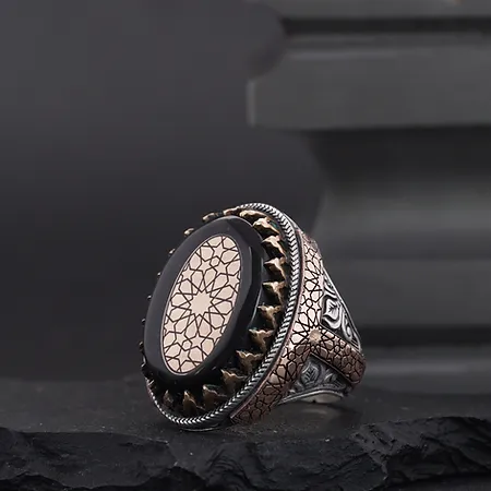 Black Fire Amber Stone-set Seljuk Star Engraved Bronze Desen Detailed Silver Ring