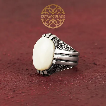 Mother-of-Pearl Stone-set Engraved Pençe Silver Ring