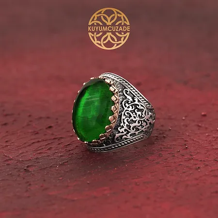 Green Fire Amber Stone-set Silver Ring