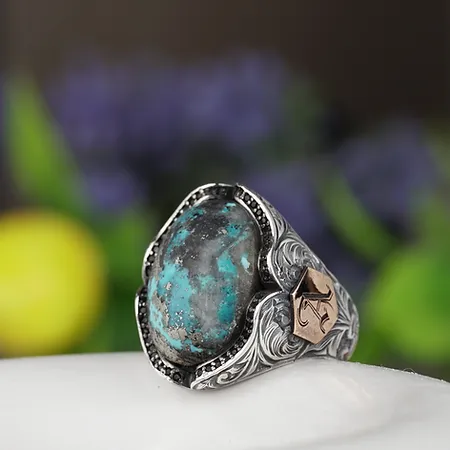 Natural Turquoise Stone-set Personalized Harf/İsim Engraved Engraving Patterned Silver Ring