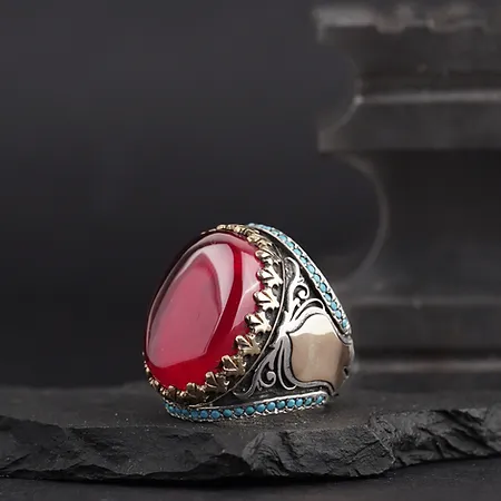 Ab-ı Fire Red Fire Amber Stone-set Mikro Turquoise Stone Engraved Silver Ring