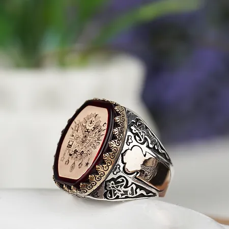 Red Fire Amber Stone-set Ottoman Banner Engraved Silver Ring