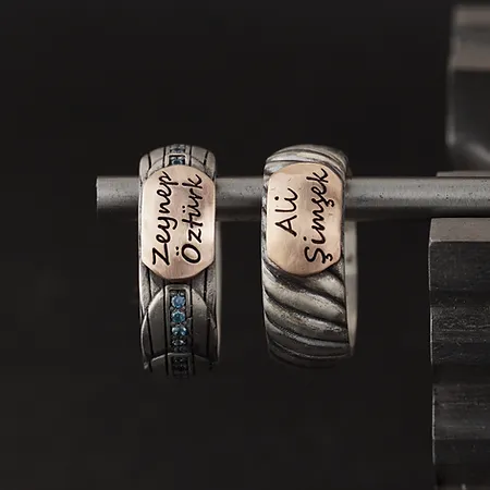 Personalized Name Letter Date Engraved Twist Double Silver Wedding Ring