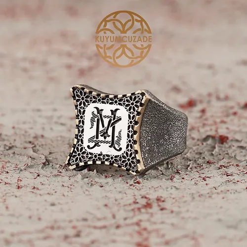 Personalized Monogram Kumlanmış Mistik Design Square Silver Ring