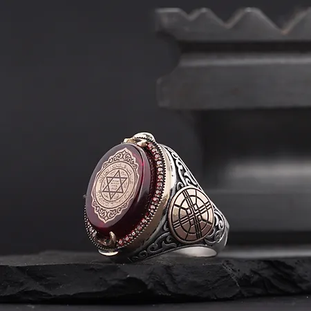 Red Fire Amber Stone-set Süleyman Mührü Engraved Silver Ring