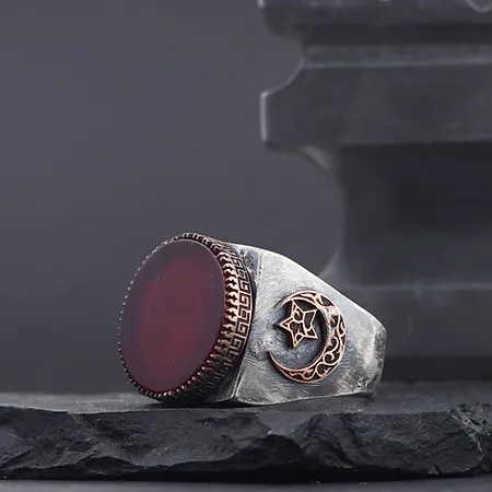 Red Amber Stone-set Star and Crescent Motif Silver Ring