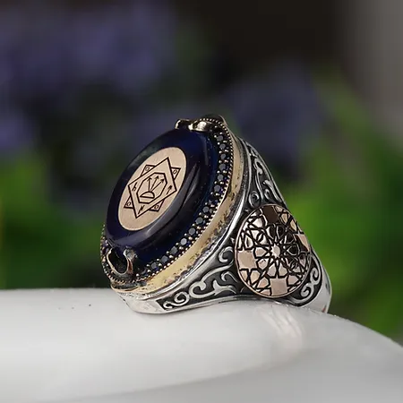 Navy Fire Amber Stone-set Oğuz Kağan Mührü Engraved Engraving Patterned Silver Ring