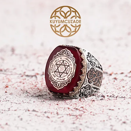 Red Fire Amber Stone-set Mühr-ü Süleyman Silver Ring