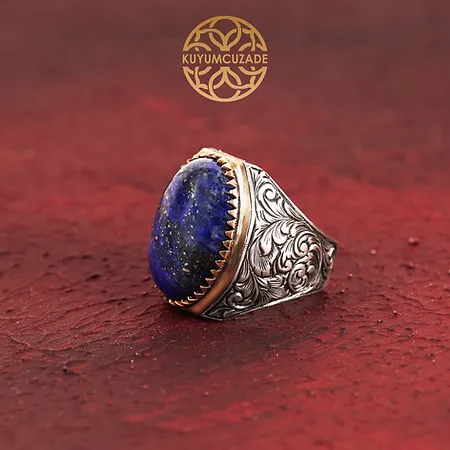 Laapis Lazuli Stone-set Engraving Patterned Silver Ring