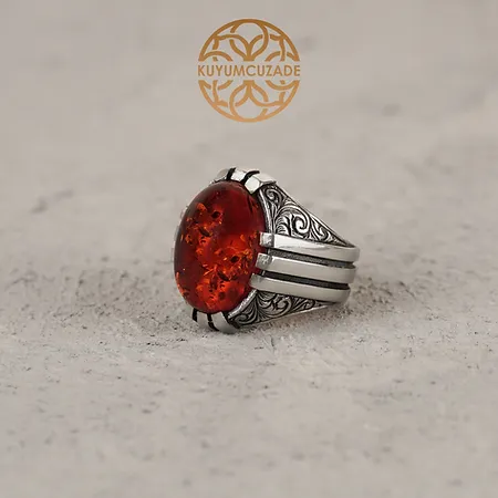 Amber Stone-set Engraved Pençe Silver Ring