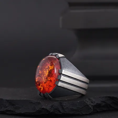 Red Fire Amber Stone-set Pençe Silver Ring
