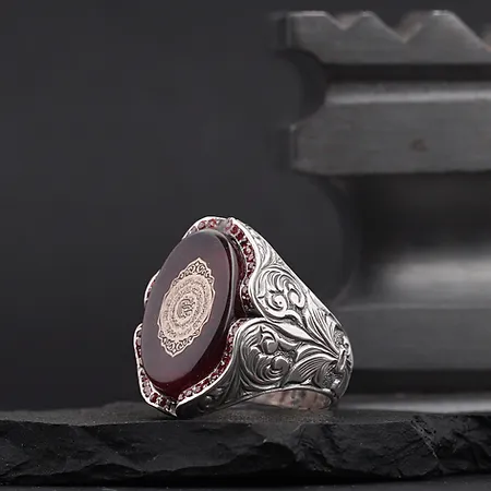 Red Fire Amber Stone-set İnşirah Surah Engraved Engraving Patterned Silver Ring
