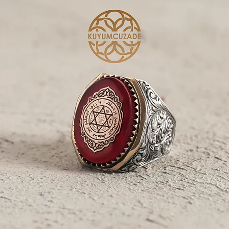 Red Fire Amber Mühr-ü Süleyman Engraved Silver Ring