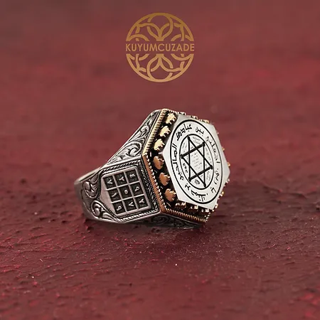 Engraved Hexagon Mühr-ü Süleyman Engraved Silver Ring