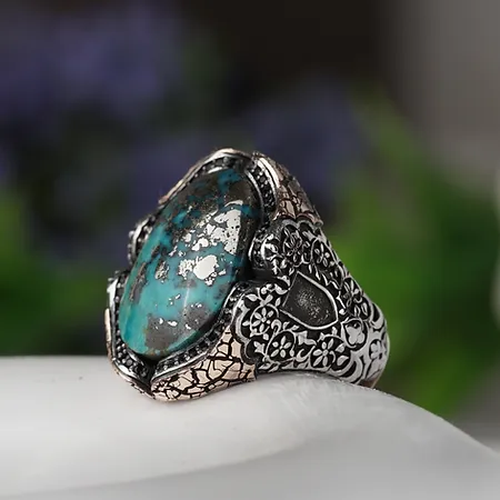 Natural Turquoise Stone-set Toprak Desen Detailed Black Mikro Zircon Detailed Silver Ring