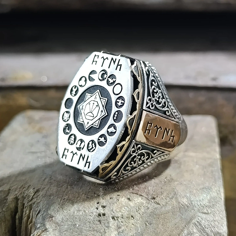 16 Turkish State Bayrağı Engraved Göktürkçe Turkish Motif Silver Ring