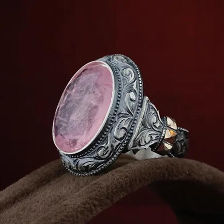 Pink Paraiba Turmalin Stone-set Pen Craftsmanship Engraving Desen Engraved Silver Ring