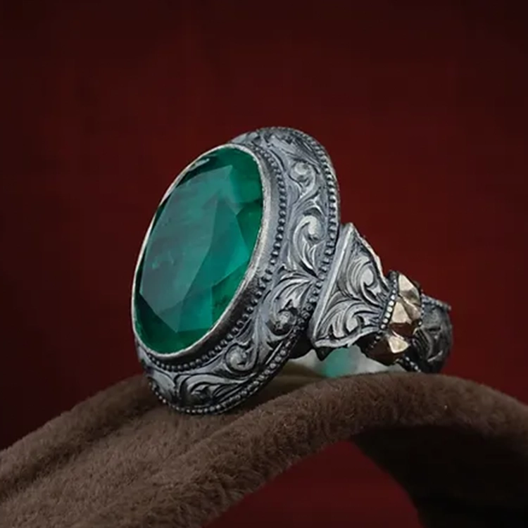 Green Paraiba Turmalin Stone-set Pen Craftsmanship Engraving Desen Engraved Silver Ring