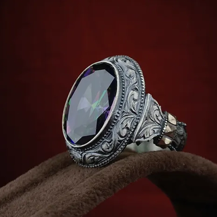 Mistik Topaz Stone-set Pen Craftsmanship Engraving Desen Engraved Silver Ring