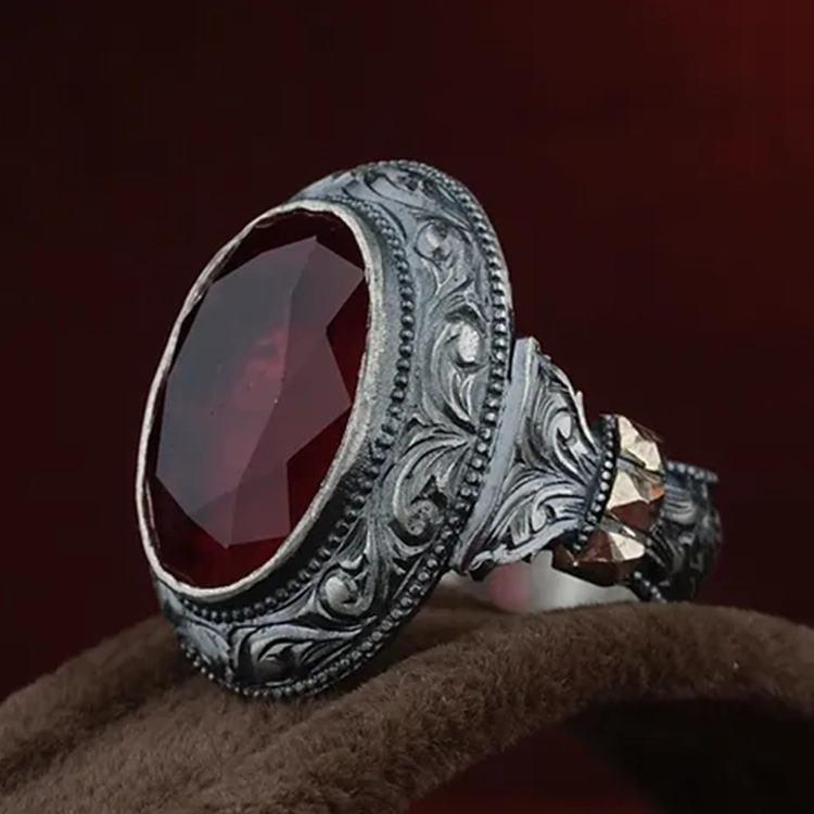 Red Paraiba Turmalin Stone-set Pen Craftsmanship Engraving Desen Engraved Silver Ring