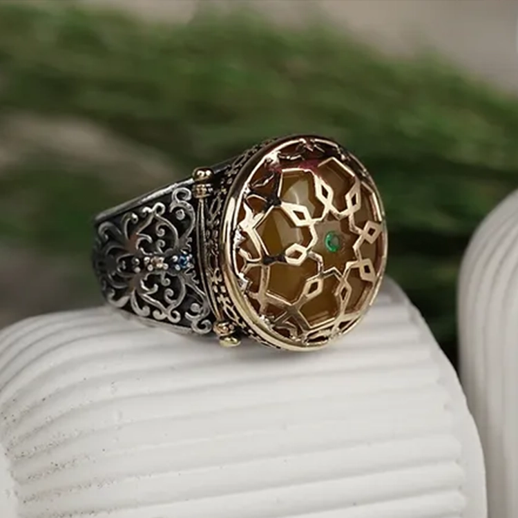 Yellow Fire Amber Stone-set Mikro Turquoise Zikron Stone Engraved Kafes Silver Ring