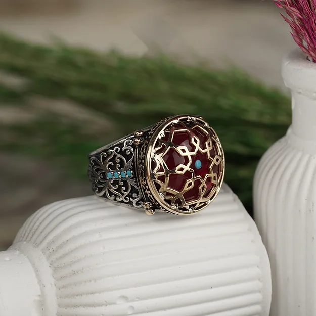 Red Fire Amber Stone-set Mikro Turquoise Zikron Stone Engraved Kafes Silver Ring