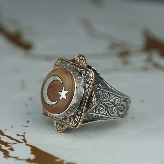 Snake Tree Silver Star and Crescent Engraved Sekizgen Turkish Bayrağı Silver Ring