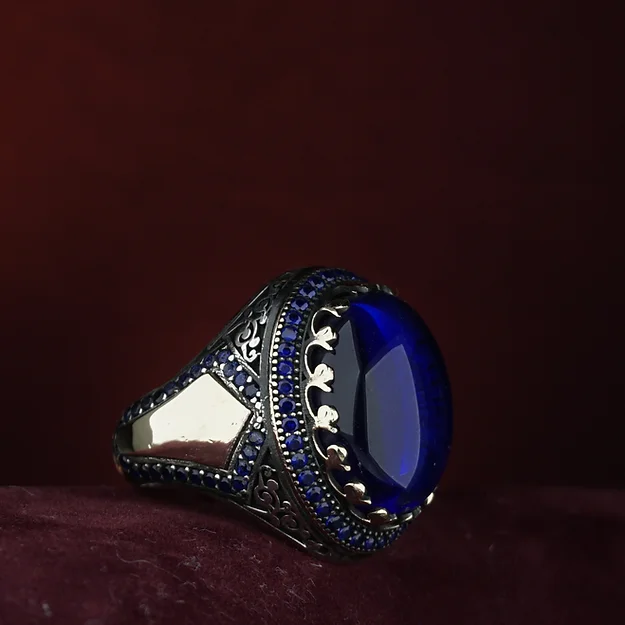 Blue Fire Amber Stone-set Name Letter Kişiselleştirilebilir Silver Ring