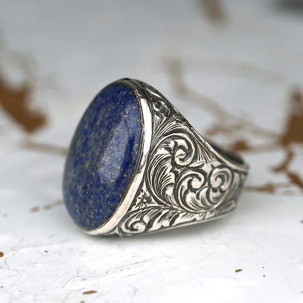 Lapis Lazuli Stone-set Engraving Desen Engraved Silver Ring