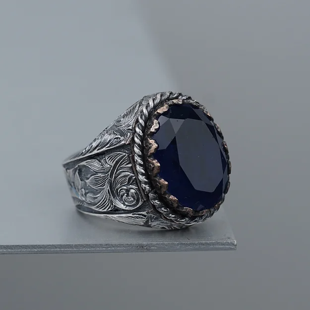 Faset Cut Navy Zircon Stone-set Engraving Engraved Silver Ring