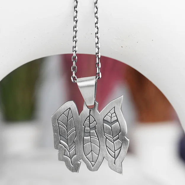 Sonbahar Yaprakları Motif Triple Leaf Engraving Engraved Silver Necklace