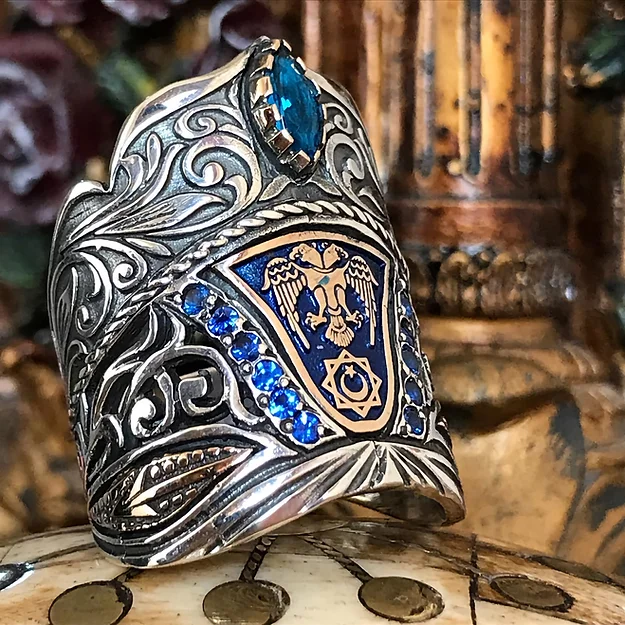 Seljuk Eagle Engraved Mikro Zircon Stone-set Okçu Archer Ring Silver Ring
