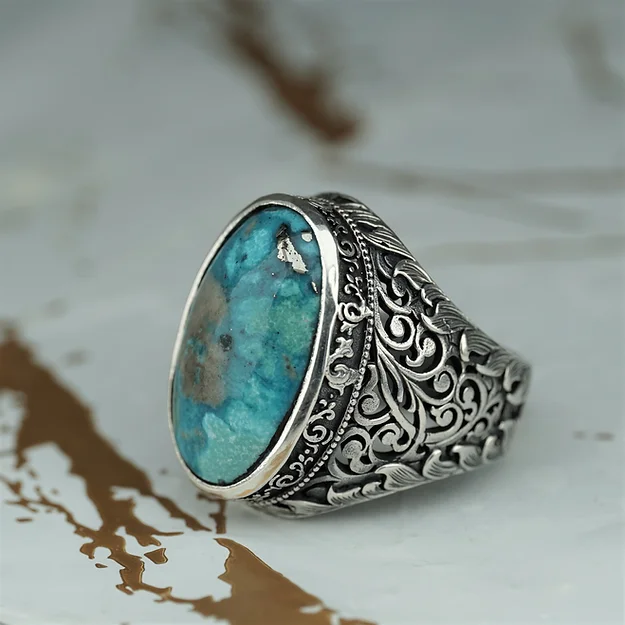 Natural Turquoise Stone-set Sarmal Ajurlu Gözenekli Desen Engraved Silver Ring