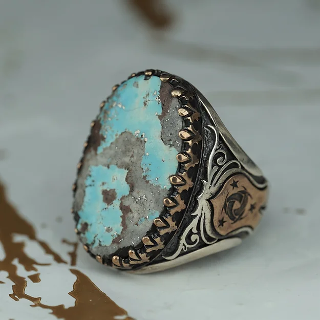 Natural Turquoise Stone-set Teşkilat-ı Mahsusa Motif Engraved Silver Ring