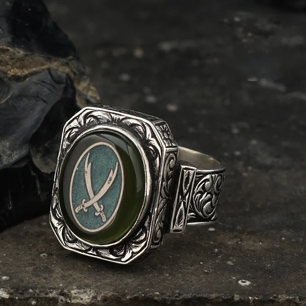 Green Fire Amber Stone İçi Double Zülfikar Sword Engraved Silver Ring