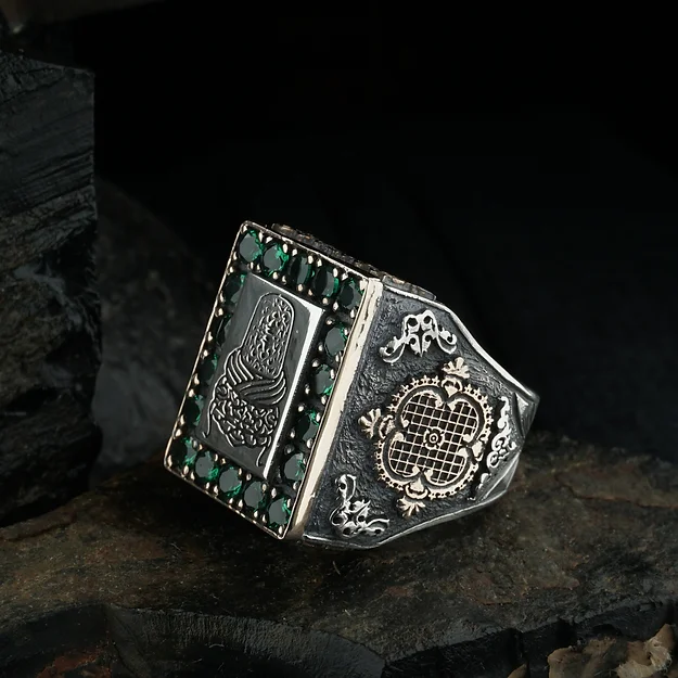 Mevlevi Sarık Motif Engraved Green Zircon Stone-set Bronze Desen Detailed Silver Ring