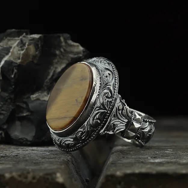 Tiger's Eye Stone-set Engraving Desen Engraved Silver Ring