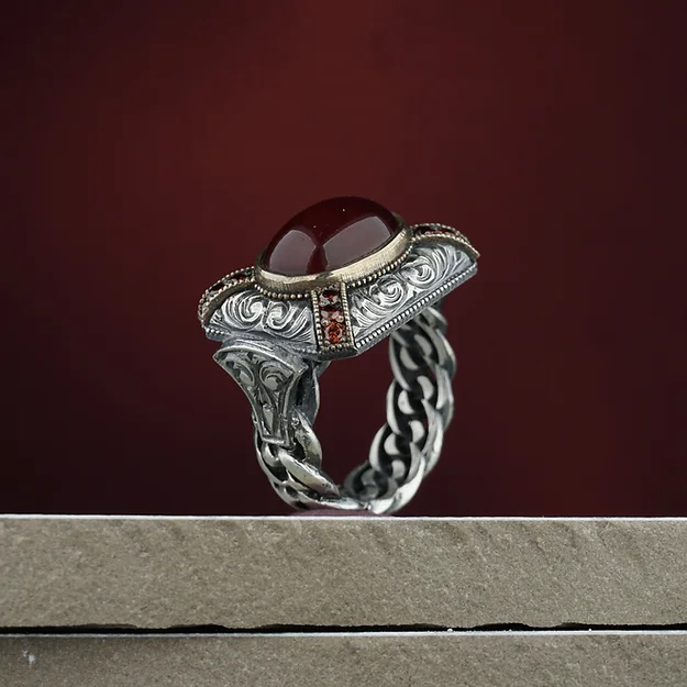 Woven Red Agate Stone-set Rectangle Sarmal Silver Ring