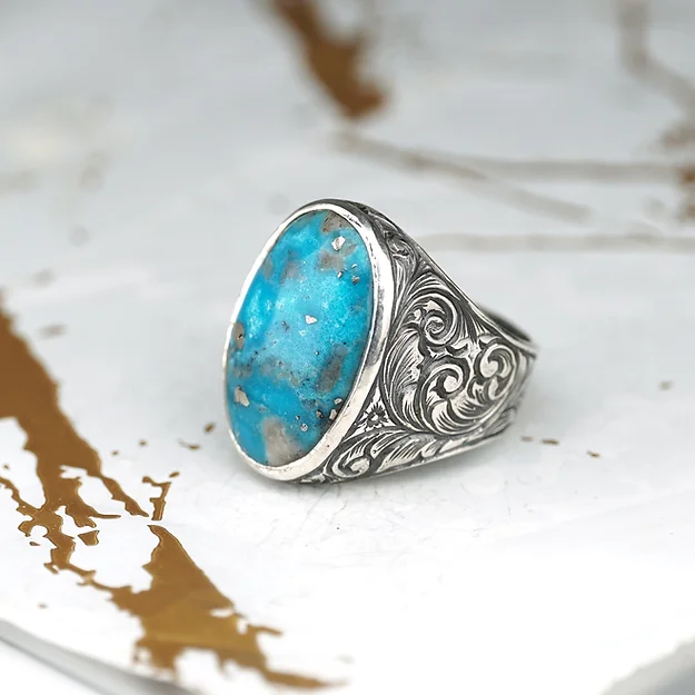 Natural Turquoise Stone-set Sarmal Engraving Desen Engraved Silver Ring