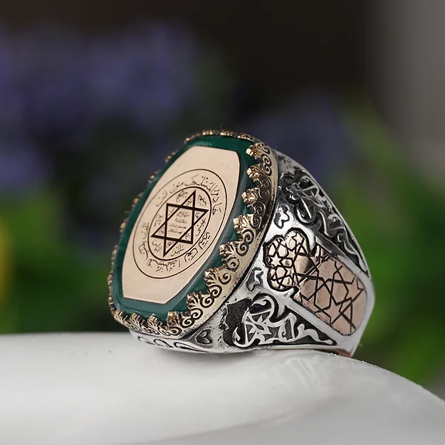 Green Fire Amber Stone-set Mühr-ü Süleyman Engraved Toprak Desen Detailed Silver Ring