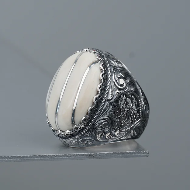 Mother-of-Pearl Stone-set Silver Desen Engraved Ajurlu Case Gözenek Motif Silver Ring