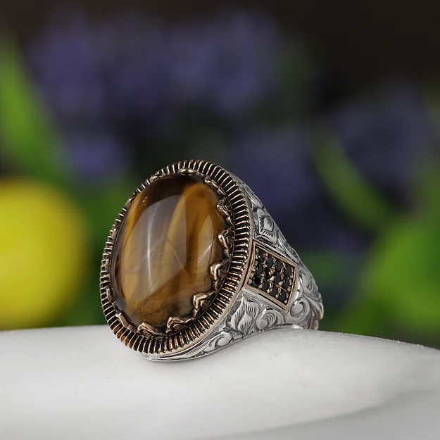 Tiger's Eye Stone-set Black Mikro Zircon Stone Engraved Engraving Patterned Silver Ring