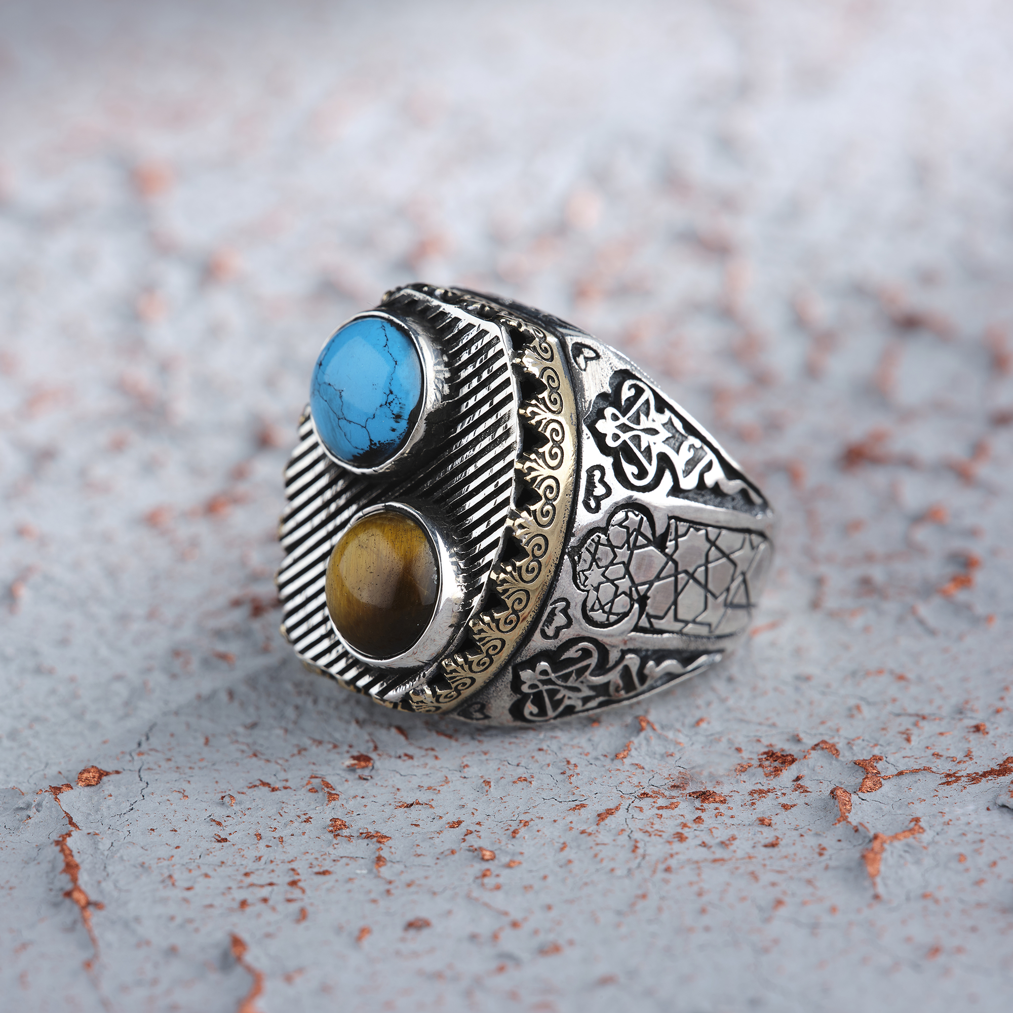Turquoise Tiger's Eye Double Stone-set Silver Ring