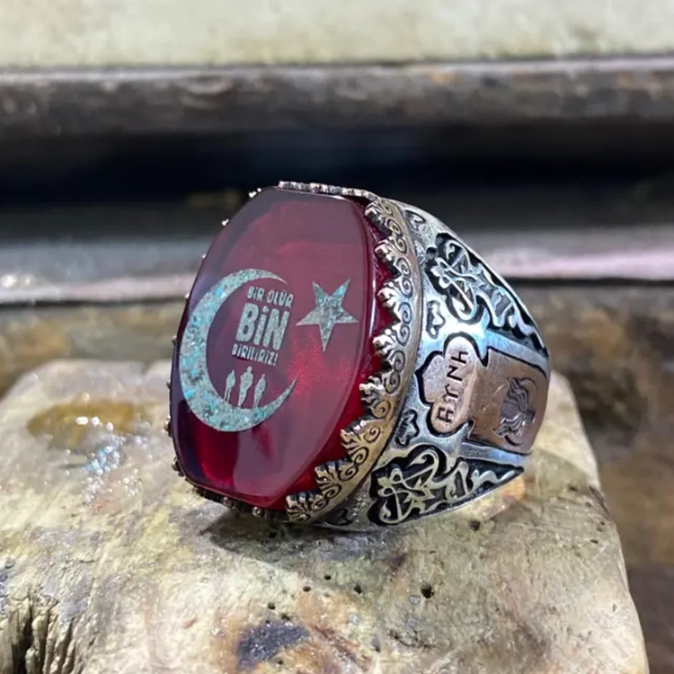 Red Fire Amber Stone-set, Star and Crescent Motif Silver Ring