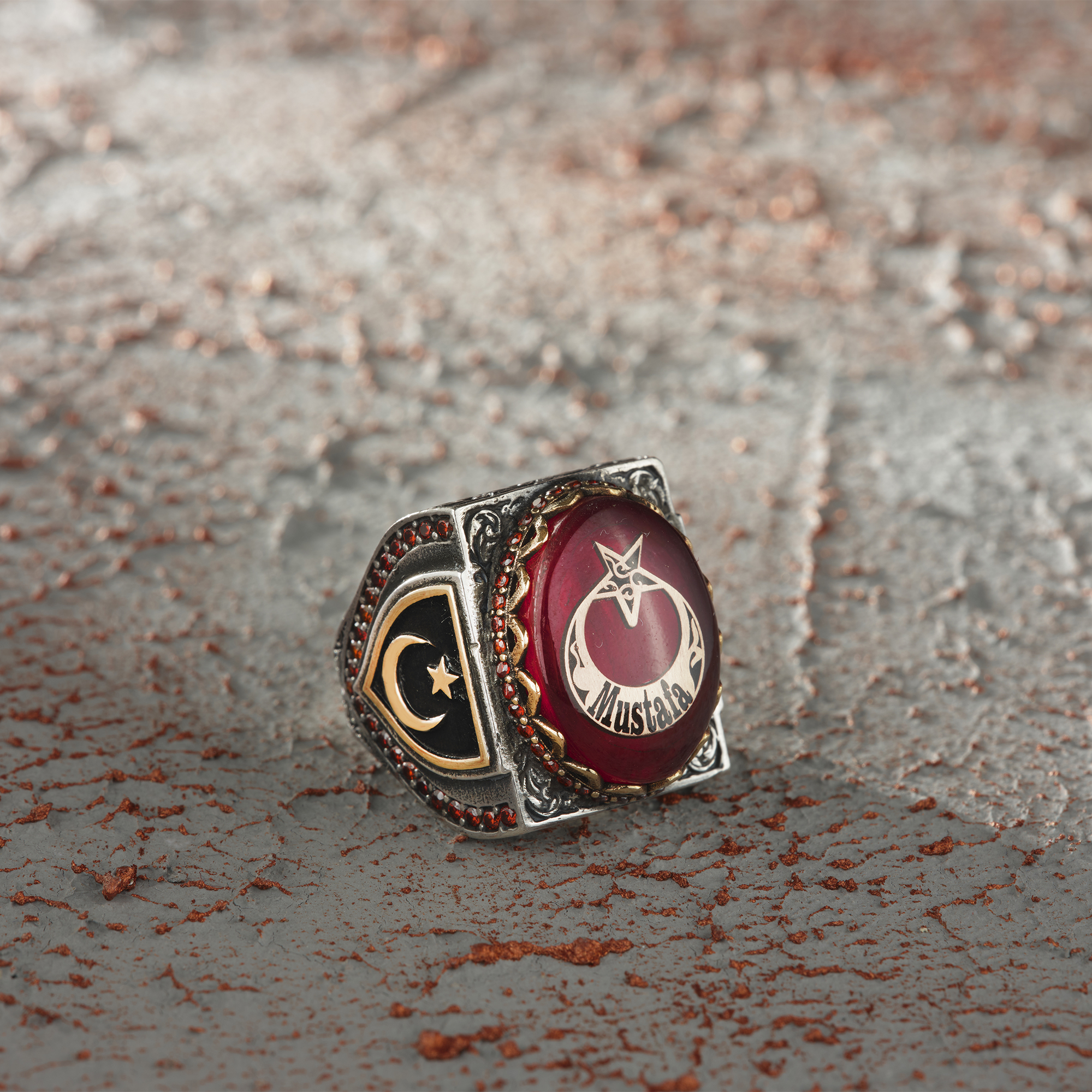 Star and Crescent Engraved DİKDÖRGEN Silver Ring