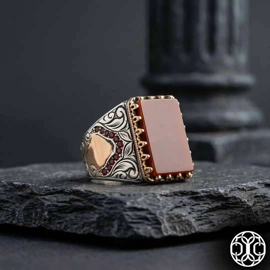 Rectangle Agate Stone-set Kalemkâr Engraved Silver Ring