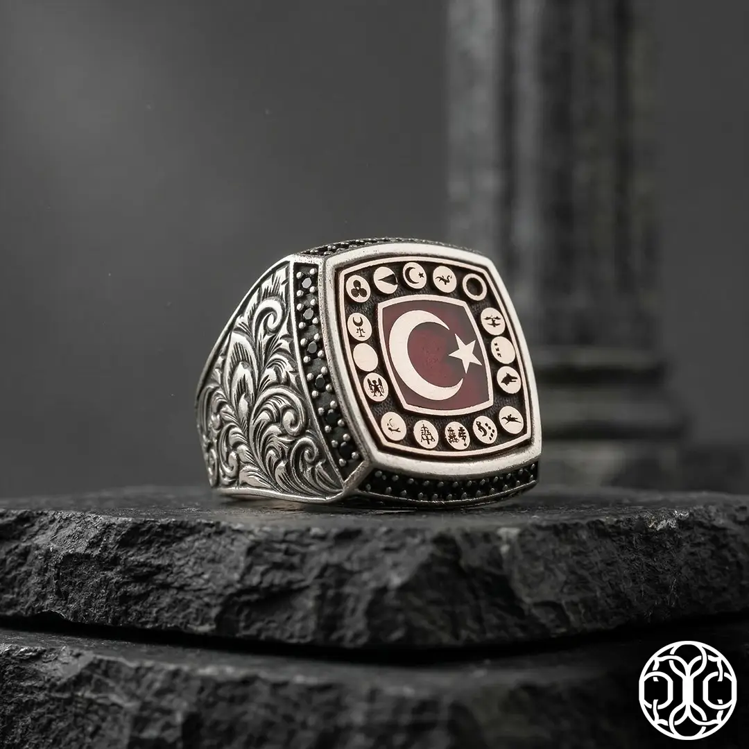 Star and Crescent & 16 Turkish State El Engraved Silver Ring